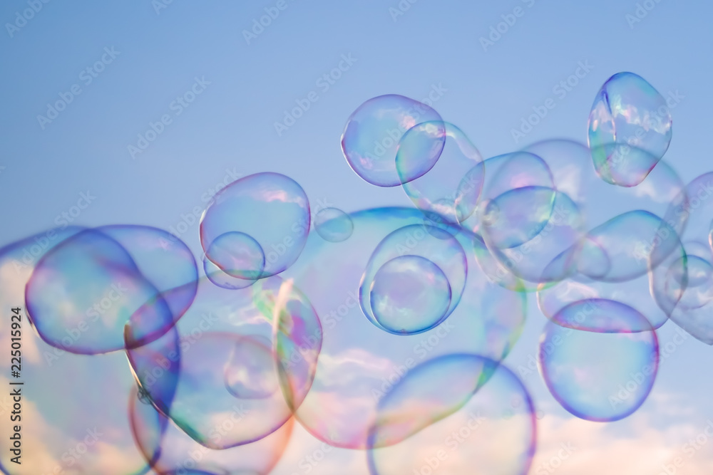 Giant soap bubbles floating in the air
