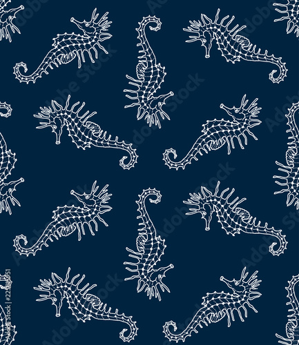 Vector seamless pattern of white seahorse stencil on blue background. Seahorse background