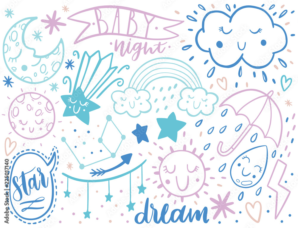 Vector dooodle sketch kids set. Hand dreawn style. Baby wreath cloud,moon,sun,rainbow,cloud. Vector dooodle sketch kids set. Hand dreawn style. Baby wreath cloud,moon,sun,rainbow,cloud.