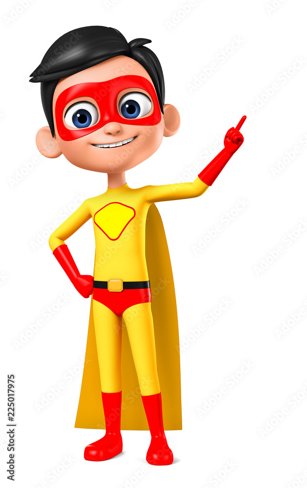 Boy in a yellow superhero costume points his finger up at an empty space. 3d render illustration. Boy in a yellow superhero costume points his finger up at an empty space. 3d render illustration.