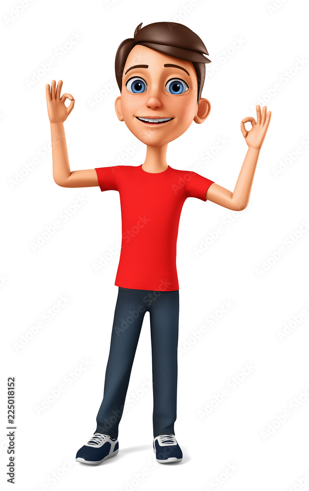 Cheerful guy showing two thumbs up. 3d render illustration.