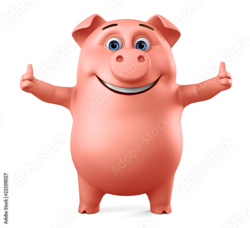 Pink pig shows two thumbs up. 3d render illustration.