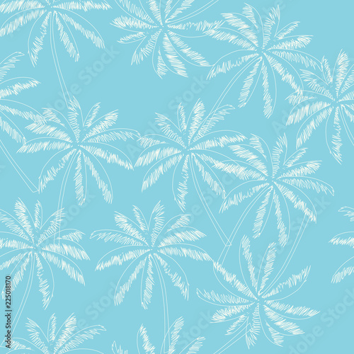 White outline palm trees on the light blue background. Vector seamless pattern. Tropical illustration. Jungle foliage.