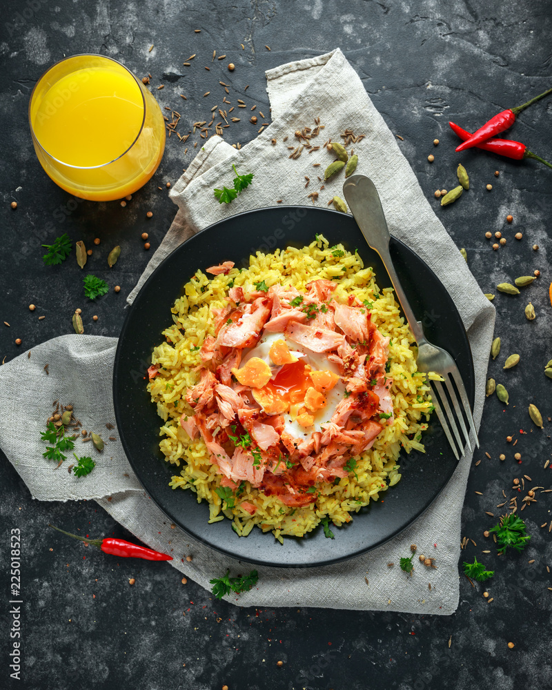 Traditional IndianEnglish kedgeree breakfast basmati rice with egg