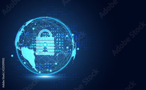 Abstract technology world cyber security privacy information network concept padlock protection digital network internet link on hi tech blue future background