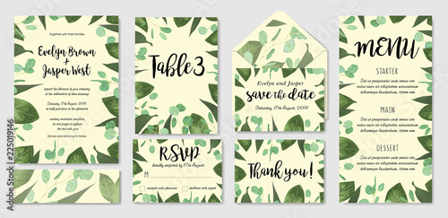 Template set wedding invite, invitation menu, rsvp, thank you card, table, vector floral greenery design. Watercolor style herbs, eucalyptus, lily leaves, botanical green