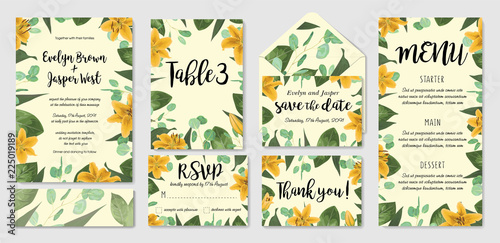Template set wedding invite, invitation menu, rsvp, thank you card, table, vector floral greenery design. Watercolor style herbs, eucalyptus, yellow lily, botanical green