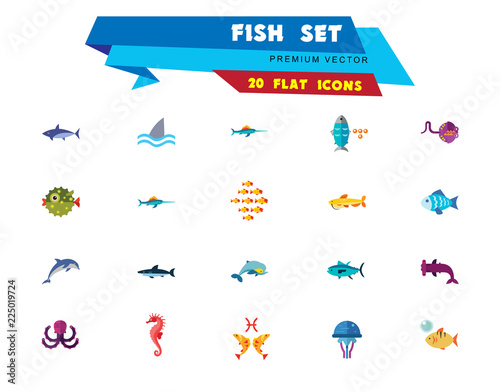 Fish icons set with dolphin, shark and seahorse. Thirteen vector icons