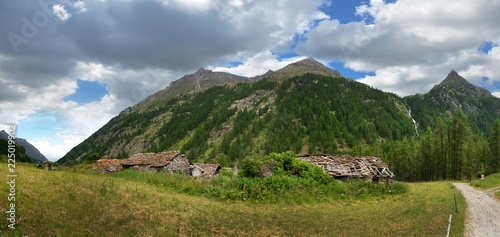 Alps mountain village architecture background, nature landscape.
