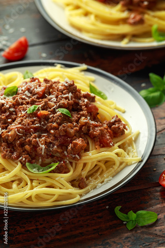 Italian pasta bolognese with beef, basil and parmesan cheese