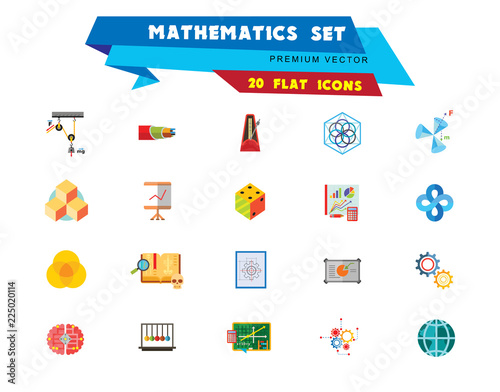 Mathematics Icon Set. Gear Wheel Drawing Metronome With Pendulum Collision Balls Globe Cubes Diagram Philosophy Symbol Logic Concept Algebra Cable Artificial Intelligence Gravity Force