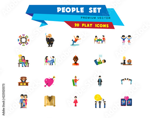 People Icon Set. Family Showing Respect Amour Symbol Couple On Park Bench Dating Team Dinner Friends Greeting Boss Director Common Idea Rich Person