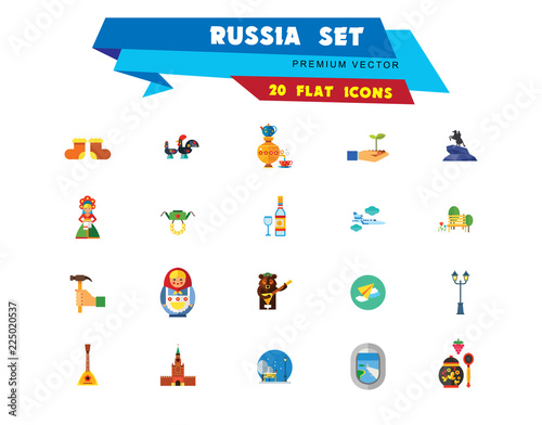 Russia Icon Set. Kremlin Saint Basil Cathedral Valenki Russian Rooster Samovar Matryoshka Bear With Balalaika Russian Welcome Vodka Balalaika Hand With Hummer Ushanka Khokhloma