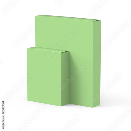 Two glossy paper green product boxes isolated on white background mockup.