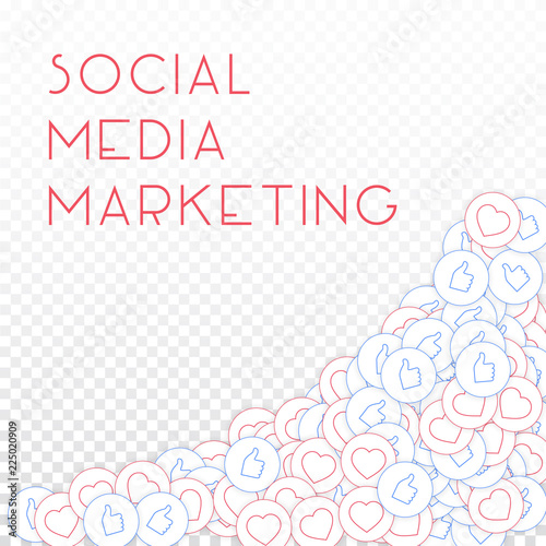 Social media icons. Social media marketing concept. Falling scattered thumbs up hearts. Bottom right