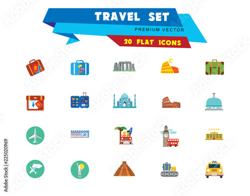 Travel icons set with airplane, flight ticket and suitcase. Thirteen vector icons