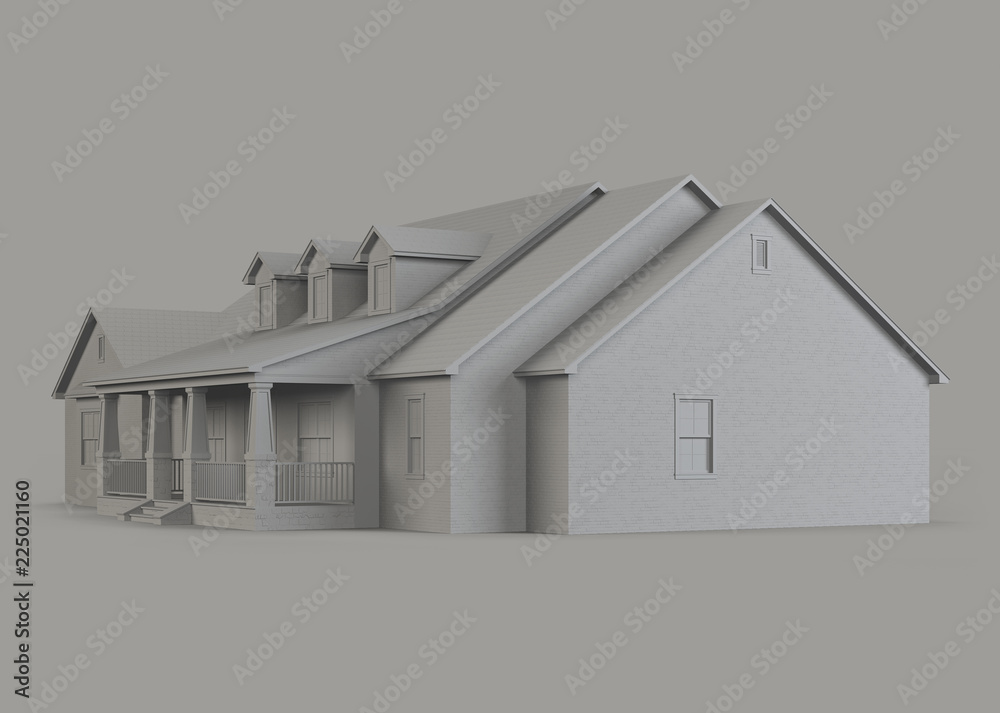 A model of a house with a garage. House on a gray background. 3D rendering.