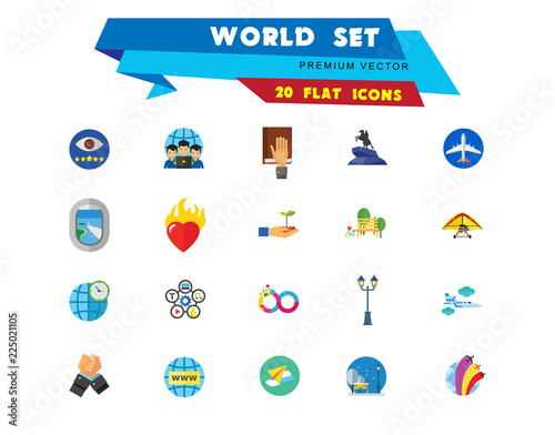 World Icon Set. Fairy Tales Infinity Sign Burning Heart Air Show Plane Window Hand Holding Plant Internet World Time Oath Struggle Virtual Team Quality Management
