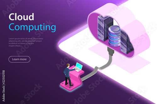 Isometric flat vector concept of cloud computing technology, data storage and hostiung, big data.