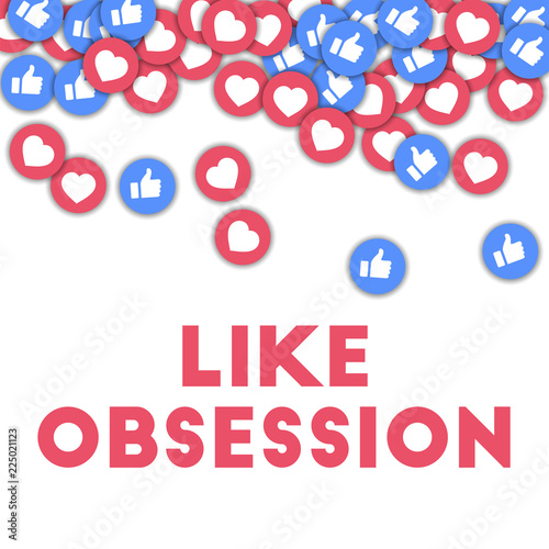 Like obsession. Social media icons in abstract shape background with scattered thumbs up and hearts.
