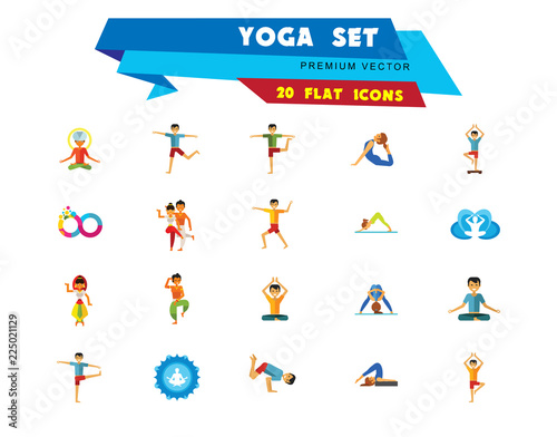 Yoga Icon Set. Infinity Meditation Handstand Virabhadrasana Lotus Position Yoga Sign Man Meditating Yogi Man Doing Yoga Man Doing Exercises Vrksasana Virabhadrasana Virasana