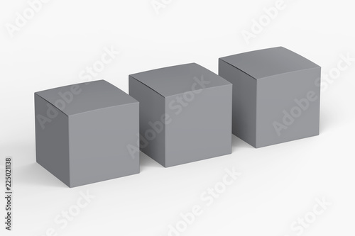 3 grey glossy paper product boxes isolated on white background mockup.