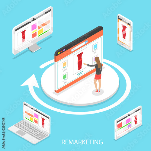 Isometric flat vector concept of marketing retargeting, behavioural remarketing, digital promotion campaign. photo