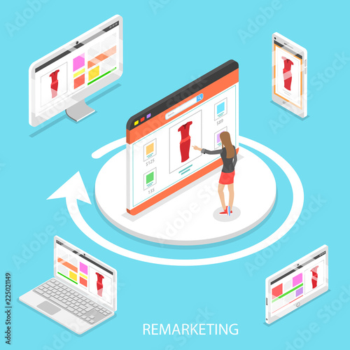 Isometric flat vector concept of marketing retargeting, behavioural remarketing, digital promotion campaign.