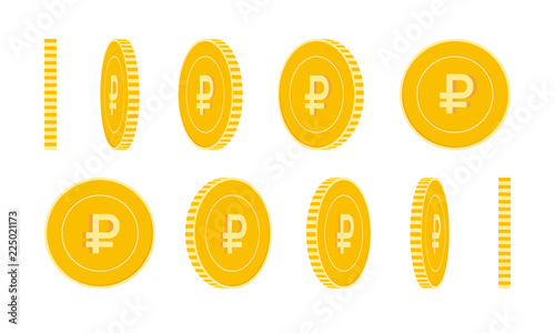 Russian ruble coins set, animation ready. RUB yellow coins rotation. Russia metal money in different