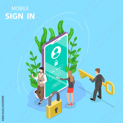 Isometric flat vector concept mobile sign up, login to account.