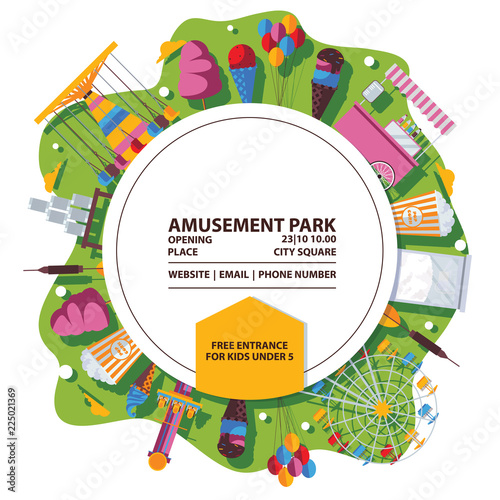 Vector amusement park poster. Bright composition with flat objects and circle