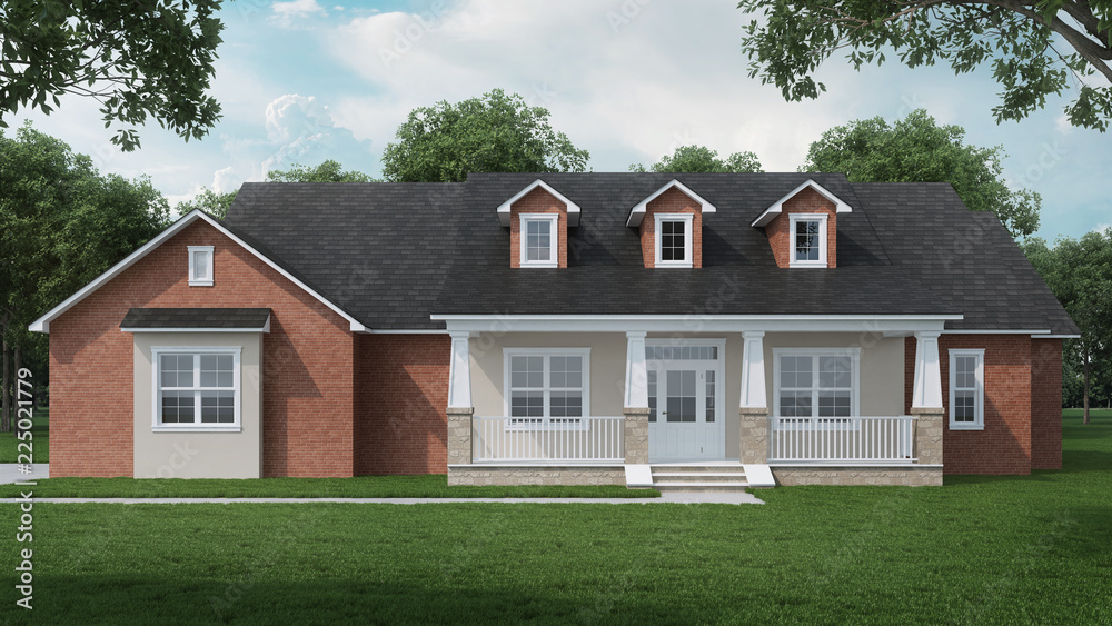 Obraz premium Przytulny murowany dom z dużym ogrodem i trawnikiem. Dom na zewnątrz. Słoneczny dzień. Renderowanie 3D.