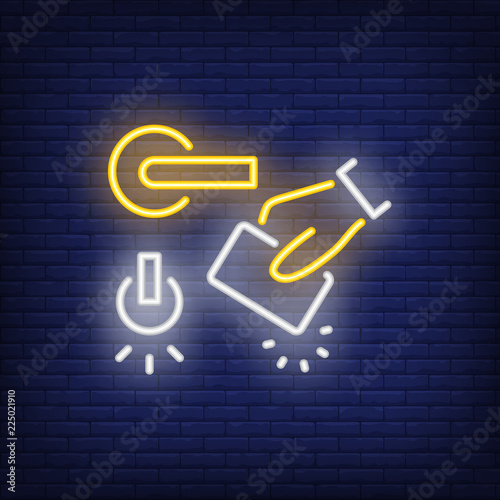 Security card neon sign. Luminous signboard with hand unlocking door with electronic card. Night bright advertisement. Vector illustration in neon style for hotel and keycard