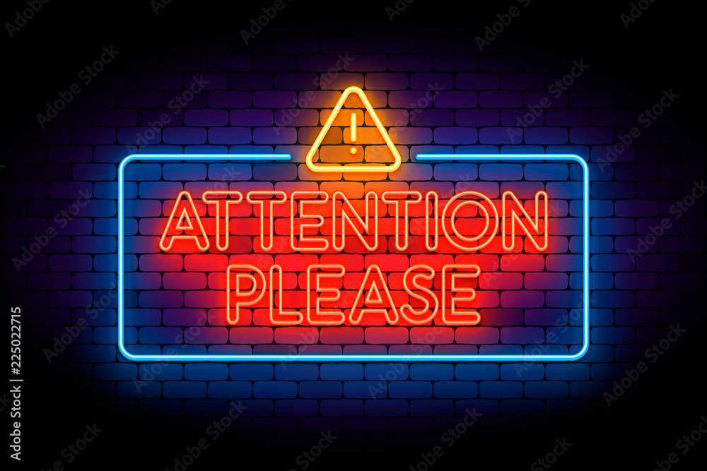 Φωτογραφία Attention please neon sign on the wall with triangle icon.