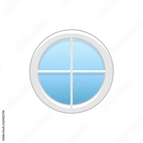 Vector illustration of round attic vinyl wheel window. Flat icon of traditional aluminum circular window with radial bars for mansard & garret. Isolated on white background.