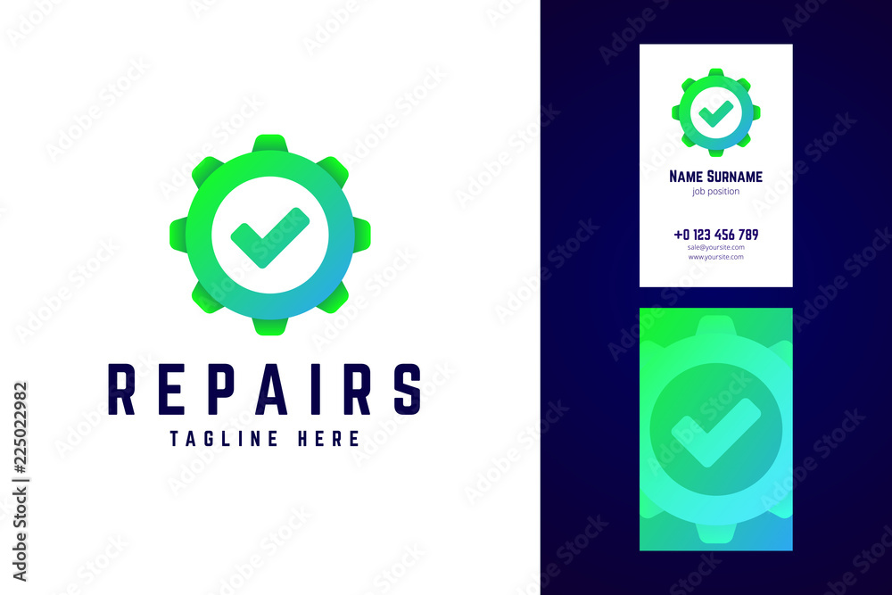 Repair logo and business card template. Gear sign with check mar Repair logo and business card template. Gear sign with check mar