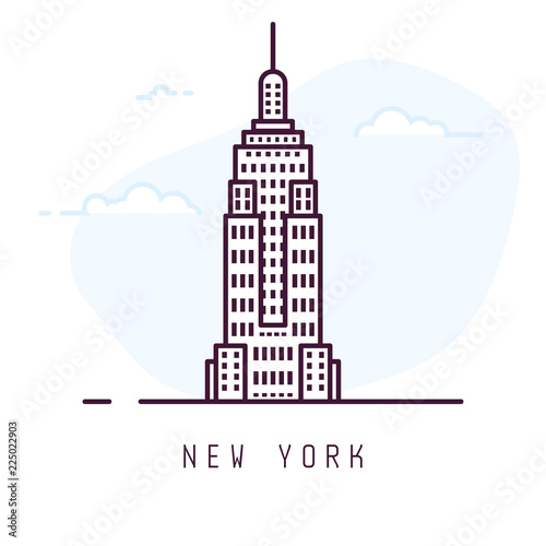 New York city line style illustration. Famous tower in New York. Architecture city symbol of USA. Outline building vector illustration. Sky with clouds on background. Travel and tourism banner.  