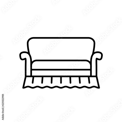 Black & white vector illustration of english sofa. Line icon of settee. Traditional home furniture. Isolated on white background
