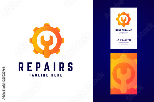 Repair logo and business card template. Gear sign with wrench.