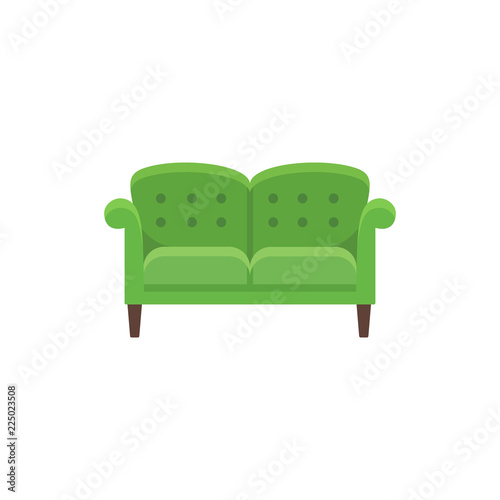 Classical english sofa. Vector illustration. Flat icon of green loveseat. Front view.