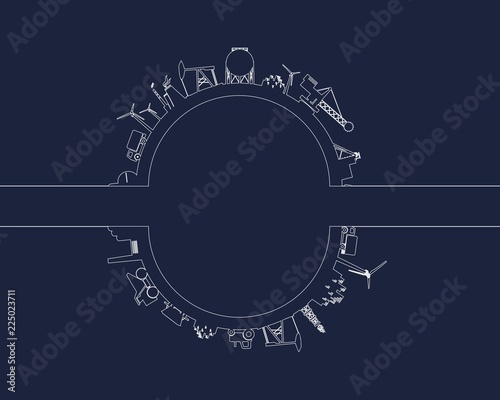 Circle with industry relative silhouettes. Objects located around the circle. Industrial design background. Field for text in the center.