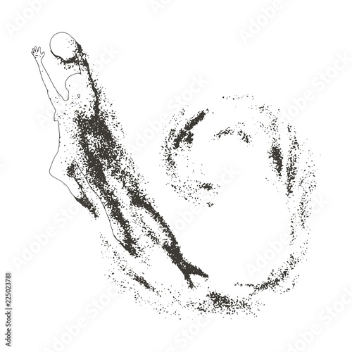 Basketball player with trail of particles. Girl jumping and catching the ball