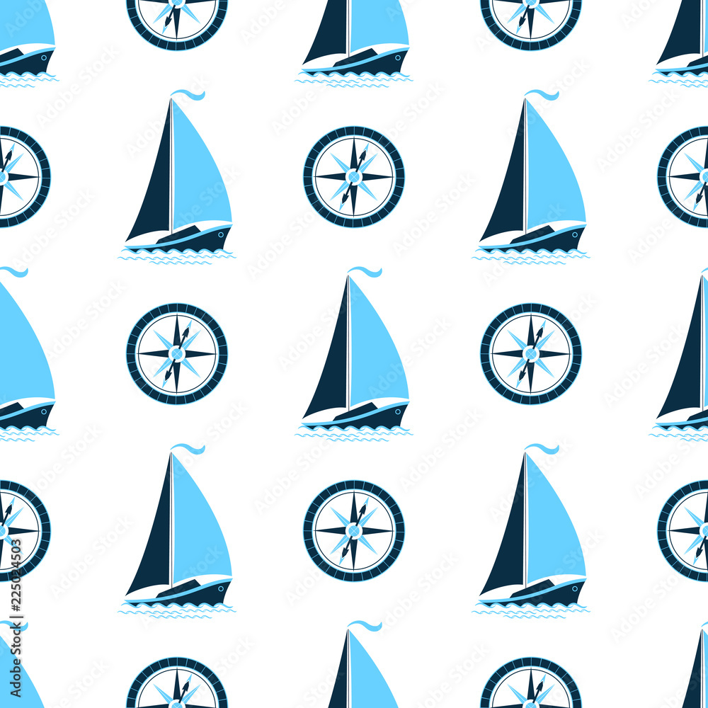 A sea pattern with a ship and a compass. Seamless background in a marine style.