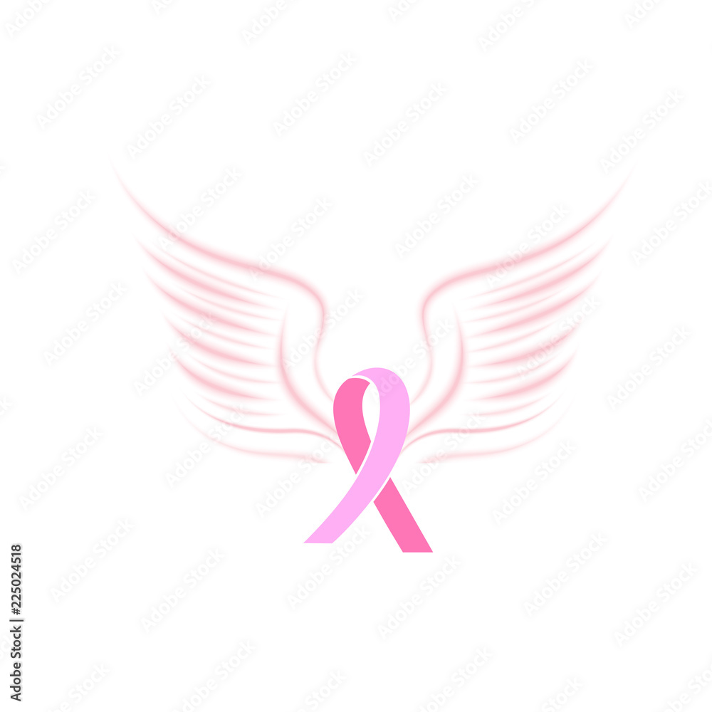 Pink satin ribbon with bird wings. National Breast Cancer Awareness Month concept.