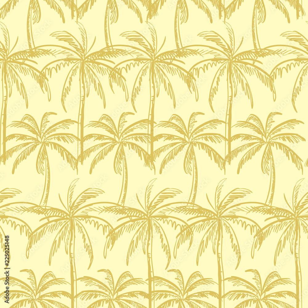 Beige outline palm trees on the cream color background. Vector seamless pattern. Tropical illustration. Jungle foliage.