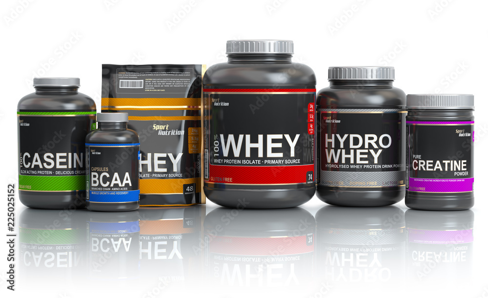 Sports nutrition (supplements) for bodybuilding. Whey protein casein, bcaa,  creatine isolated on white background. Stock Illustration | Adobe Stock