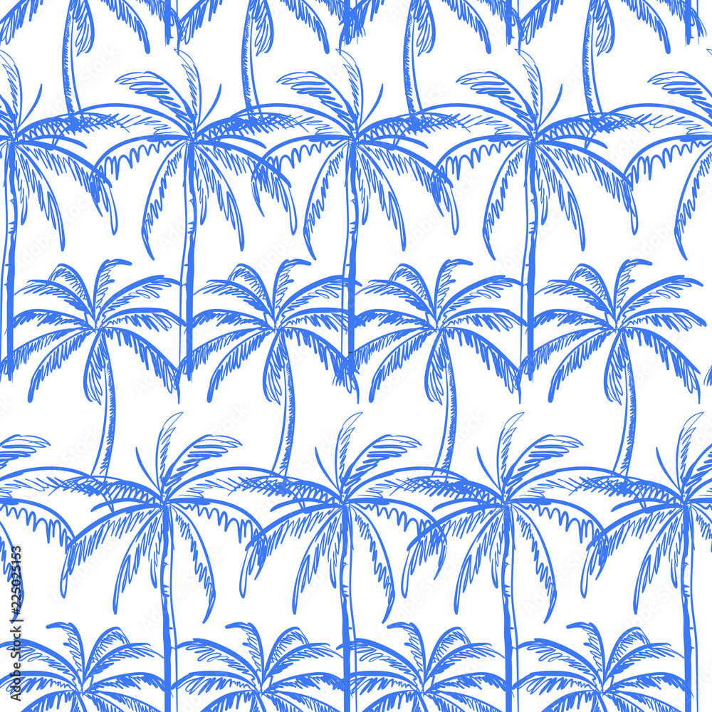 Sky Blue outline palm trees on the white background. Vector seamless pattern. Tropical illustration. Jungle foliage.