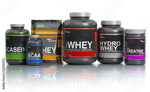 Sports  nutrition (supplements) for bodybuilding. Whey protein casein, bcaa, creatine isolated on white background. photo