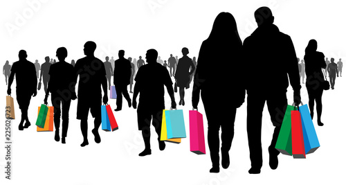 Shopping, shop. Many buyers. People go with the goods and packages. Crowd of people going to a meeting silhouette. Isolated vector