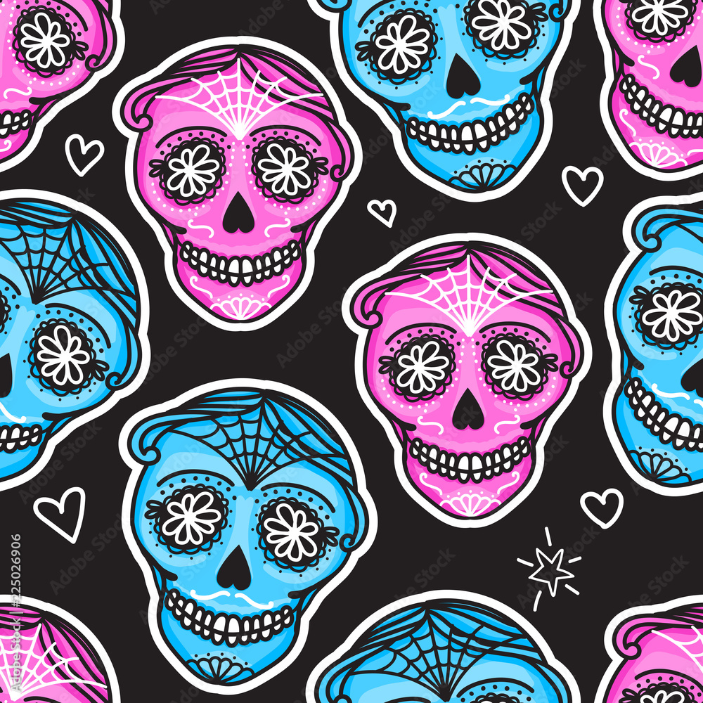 Calavera sign Dia de los muertos. Mexican Day of the dead. Seamless pattern. Vector hand darwing illustration woman and man sticker